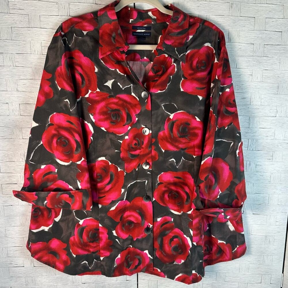 Westbound Rose print 3/4 Sleeve Button Up Lightweight Blouse floral plus size